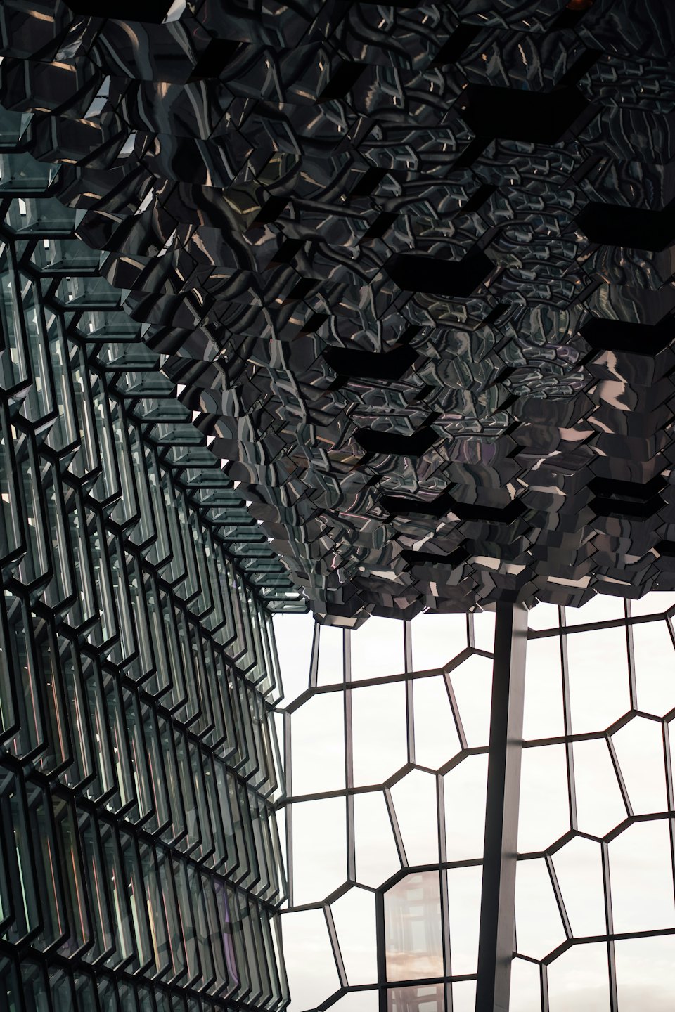 Modern building interior with geometric ceiling panels and hexagonal windows.